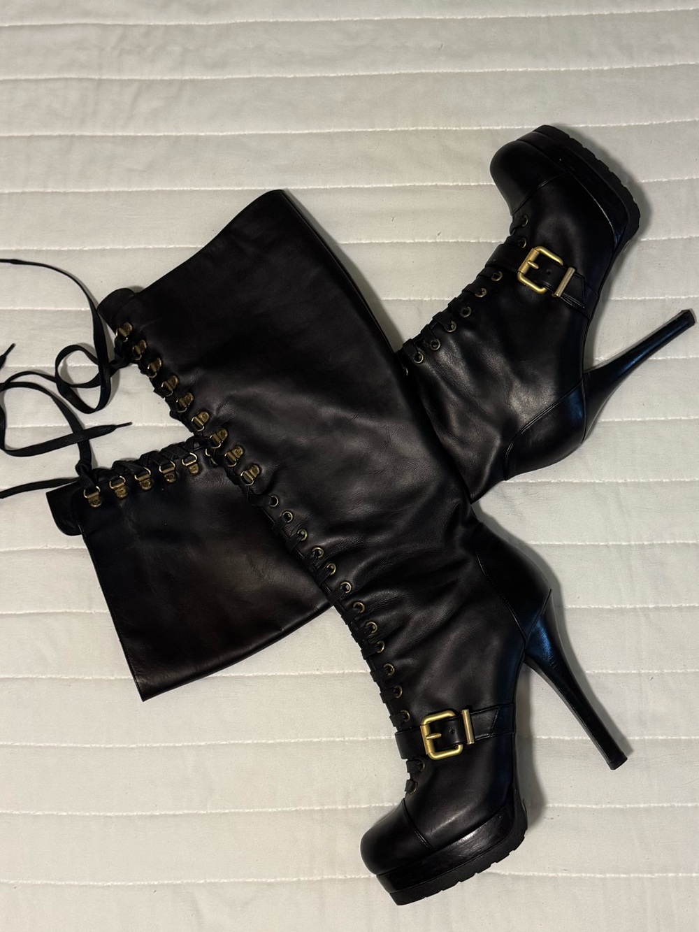 Fendi Black Leather Lace-Up Knee-High Boots